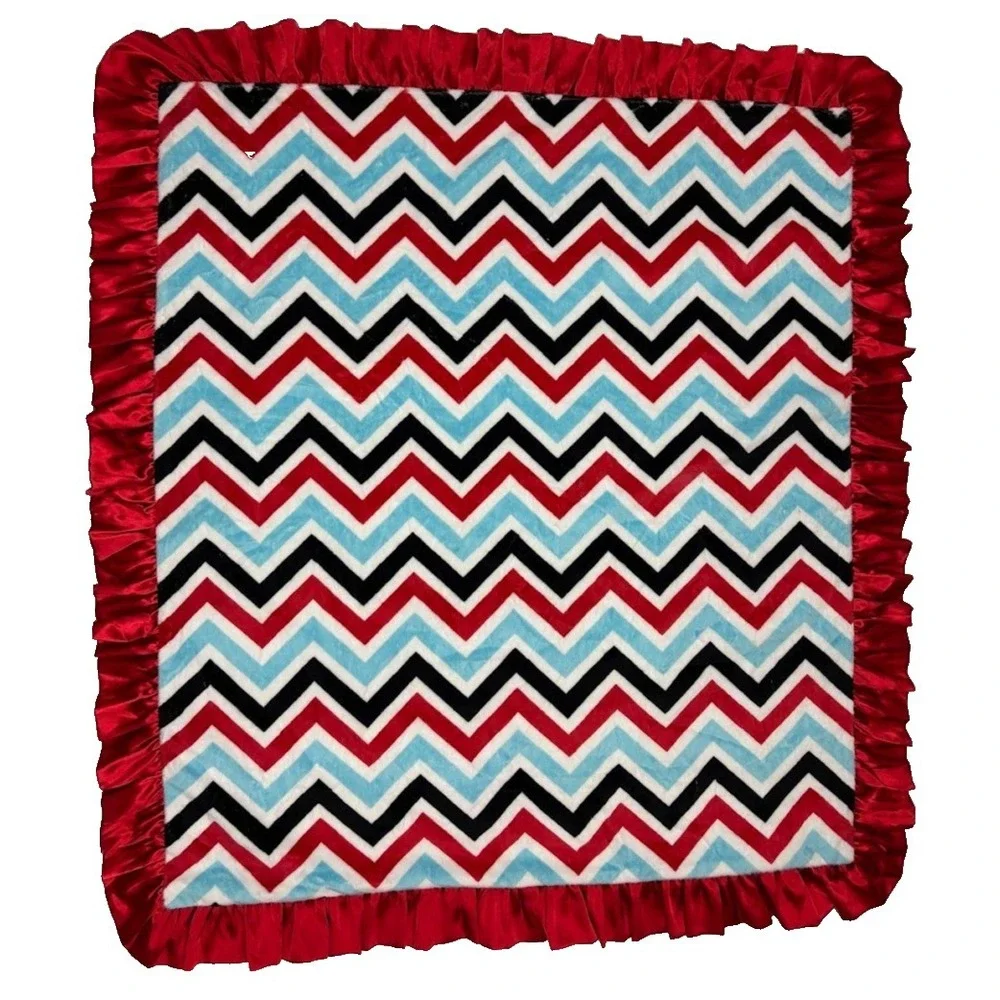 Minky Couture ?‎ Red Black Blue White Chevron Polka Dot Baby Blanket Satin Trim